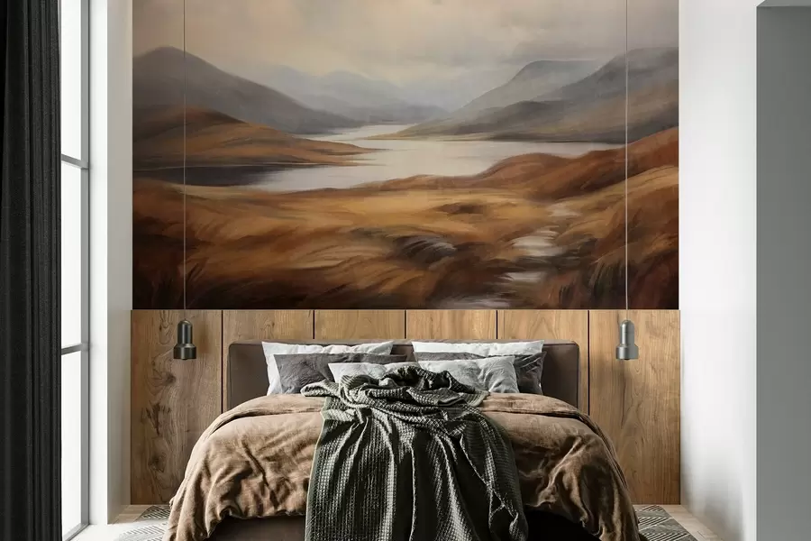 peintures murales Paysage vallonné, lac entouré de collines et de montagnes sous un ciel nuageux, avec de l'herbe sèche w09756