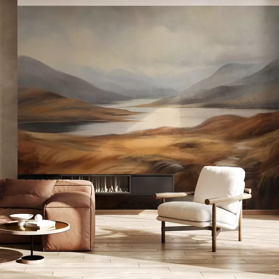 Wall Mural Photo Wallpaper Textured landscape, lake surrounded by hills and mountains under a cloudy sky with dry grass w09756