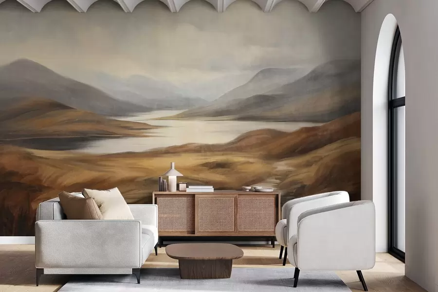 Wall Mural Photo Wallpaper Textured landscape, lake surrounded by hills and mountains under a cloudy sky with dry grass w09756