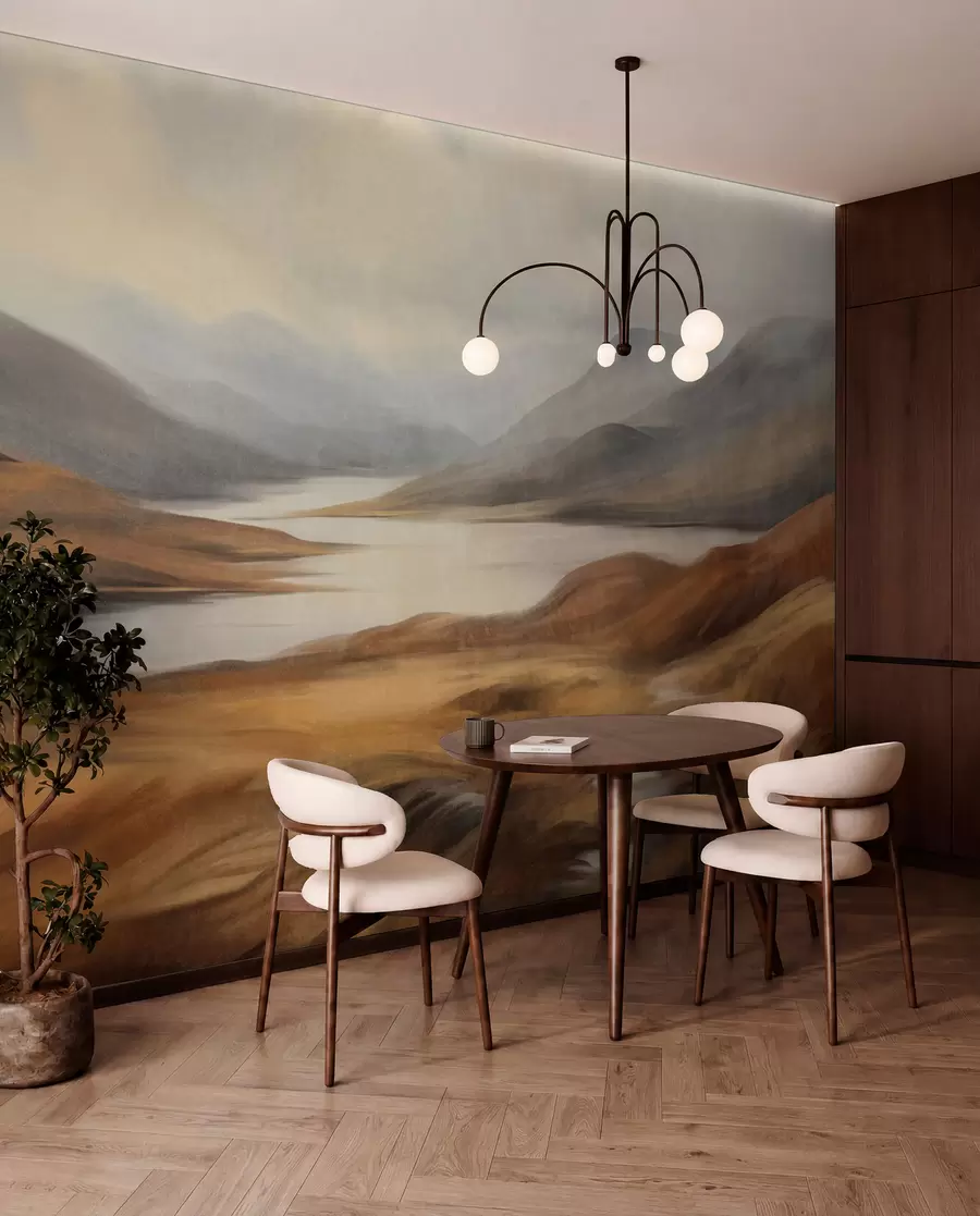 Wall Mural Photo Wallpaper Textured landscape, lake surrounded by hills and mountains under a cloudy sky with dry grass w09756