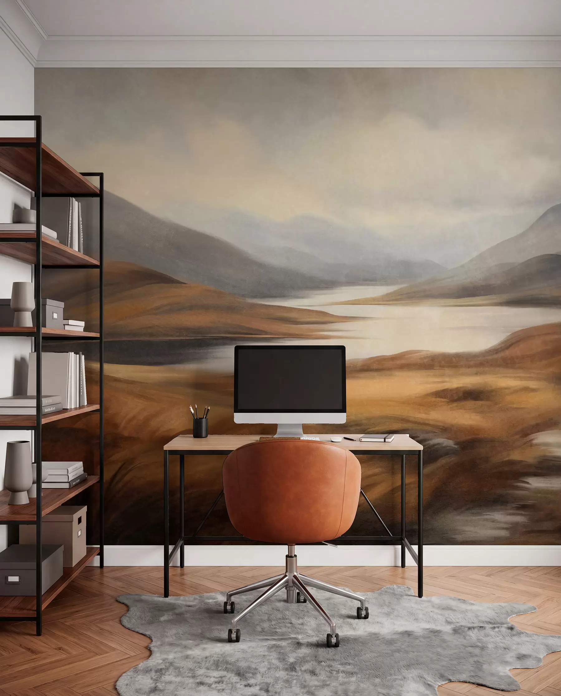 Wall Mural Photo Wallpaper Textured landscape, lake surrounded by hills and mountains under a cloudy sky with dry grass w09756