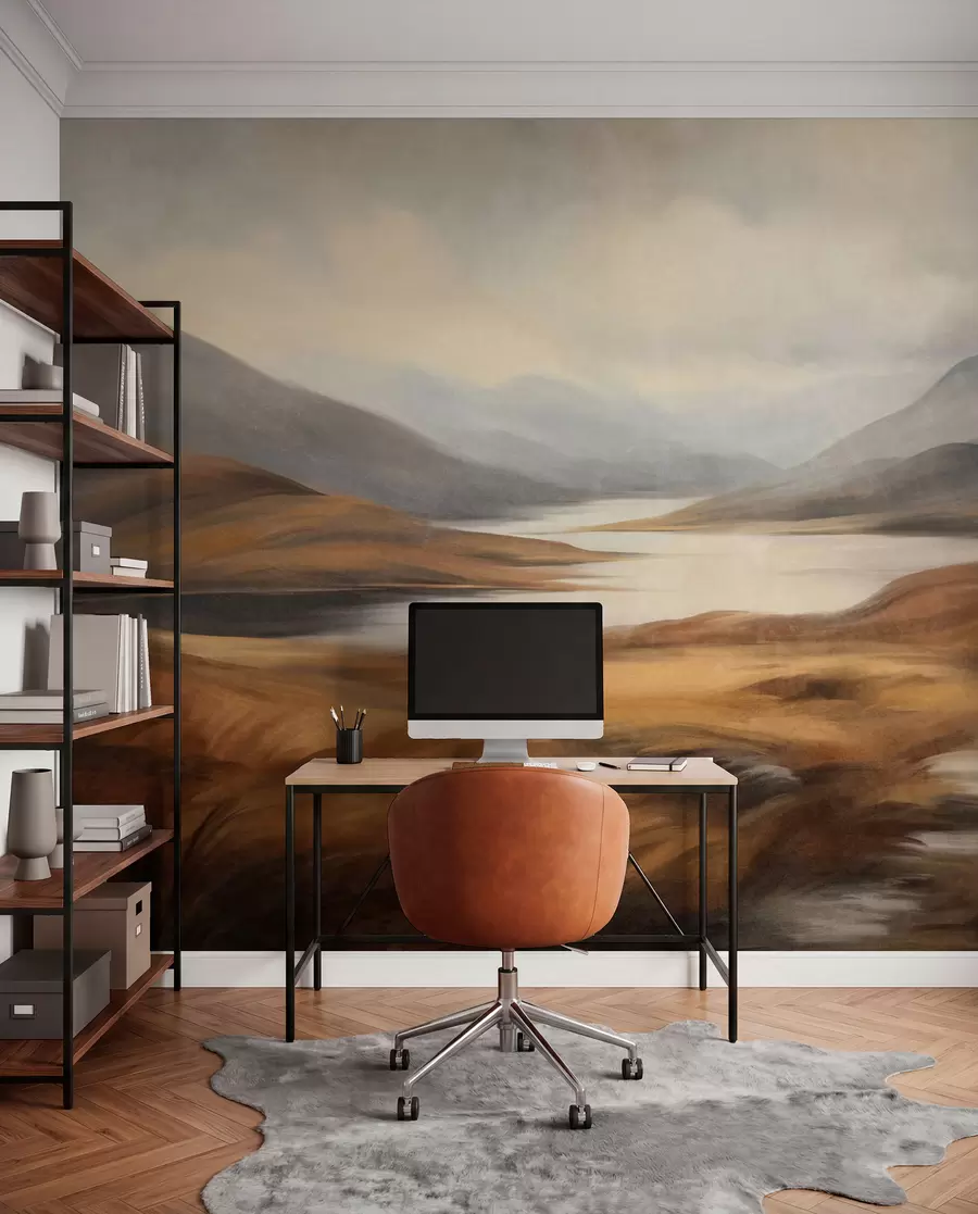 Wall Mural Photo Wallpaper Textured landscape, lake surrounded by hills and mountains under a cloudy sky with dry grass w09756