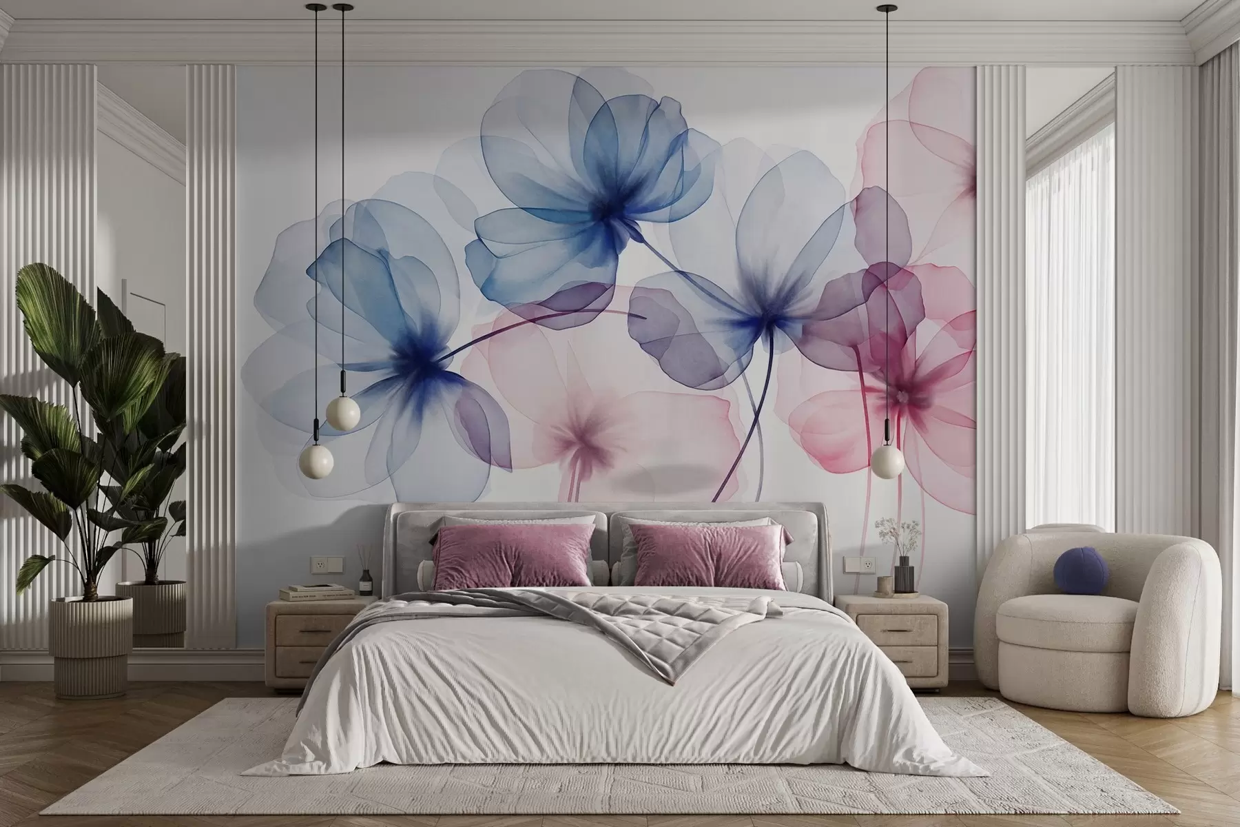 wall murals Translucent textured blue and pink flowers on light background, delicate petals overlapping w09892