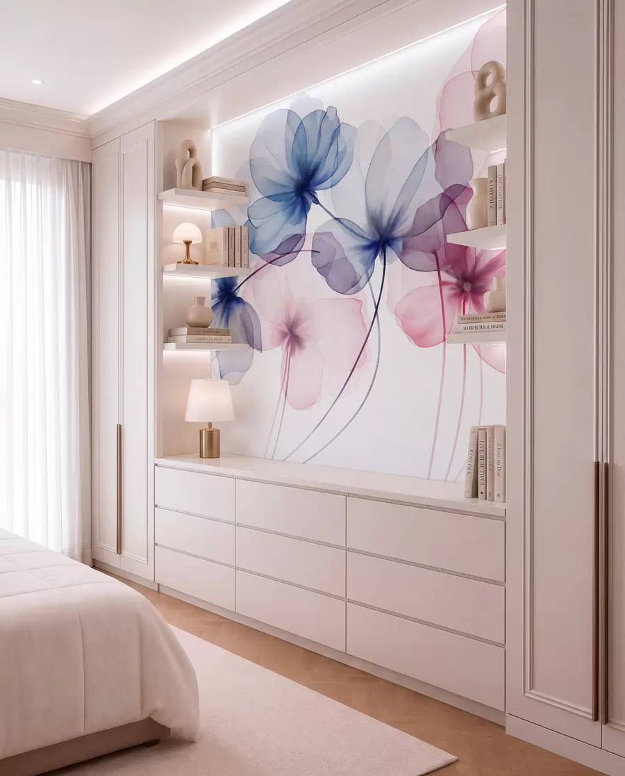 peintures murales Fleurs bleues et roses translucides et texturées sur fond clair, dont les pétales délicats se chevauchent w09892