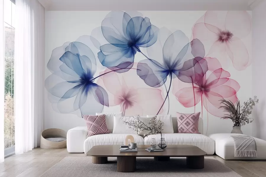Wall Mural Photo Wallpaper Translucent textured blue and pink flowers on light background, delicate petals overlapping w09892