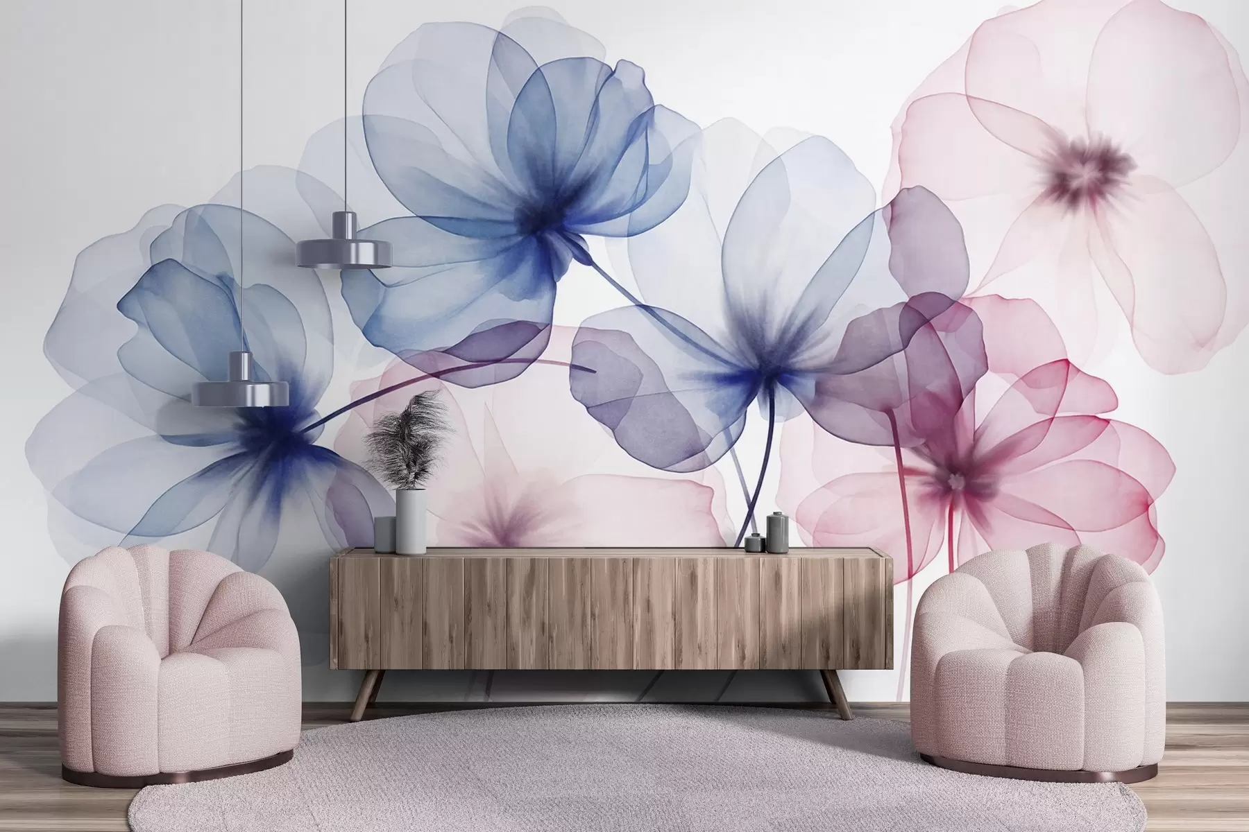 Wall Mural Photo Wallpaper Translucent textured blue and pink flowers on light background, delicate petals overlapping w09892