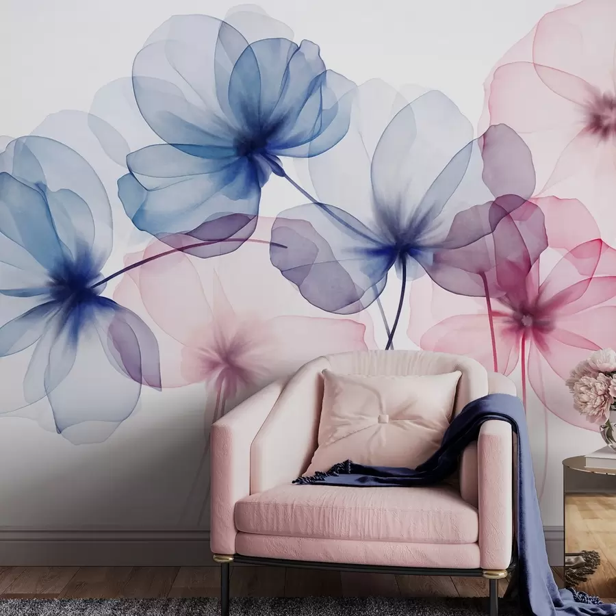 Wall Mural Photo Wallpaper Translucent textured blue and pink flowers on light background, delicate petals overlapping w09892
