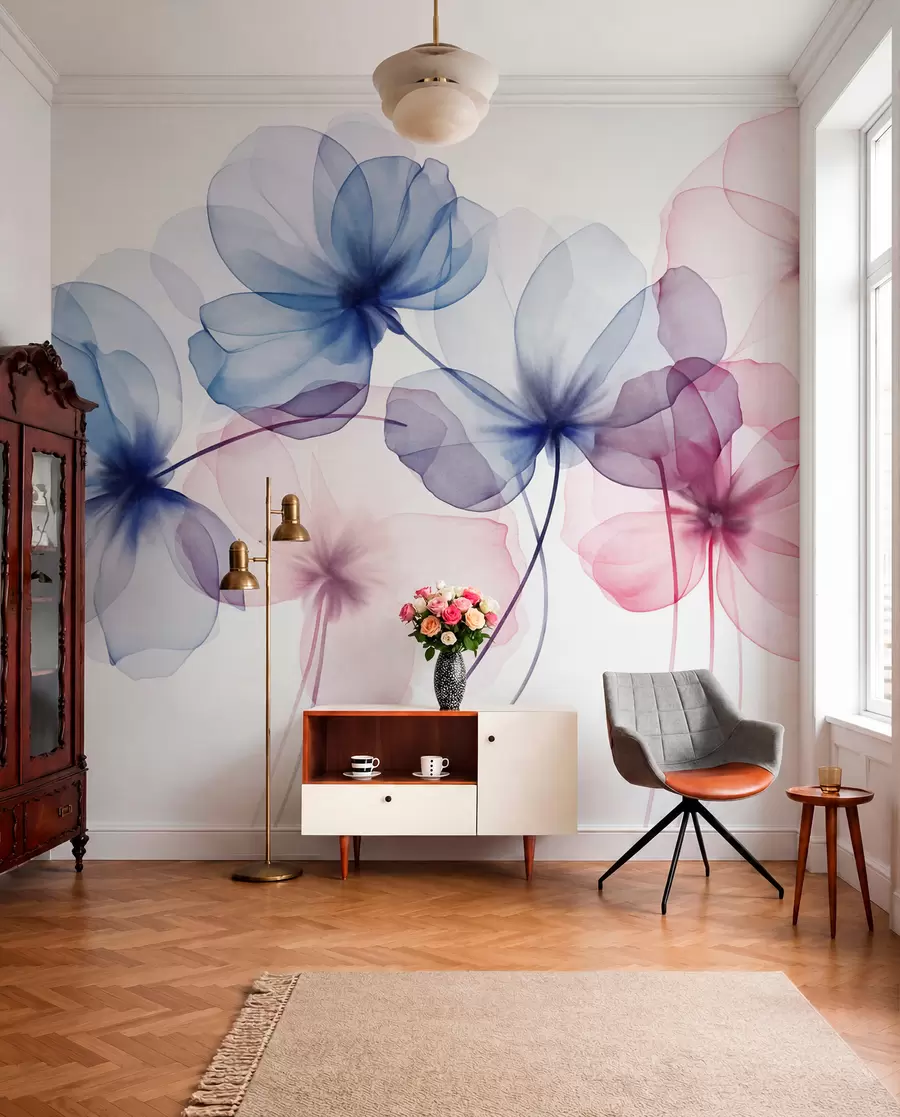 Wall Mural Photo Wallpaper Translucent textured blue and pink flowers on light background, delicate petals overlapping w09892