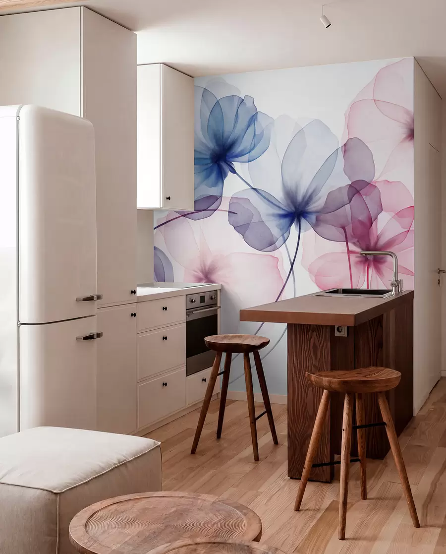 wall murals Translucent textured blue and pink flowers on light background, delicate petals overlapping w09892