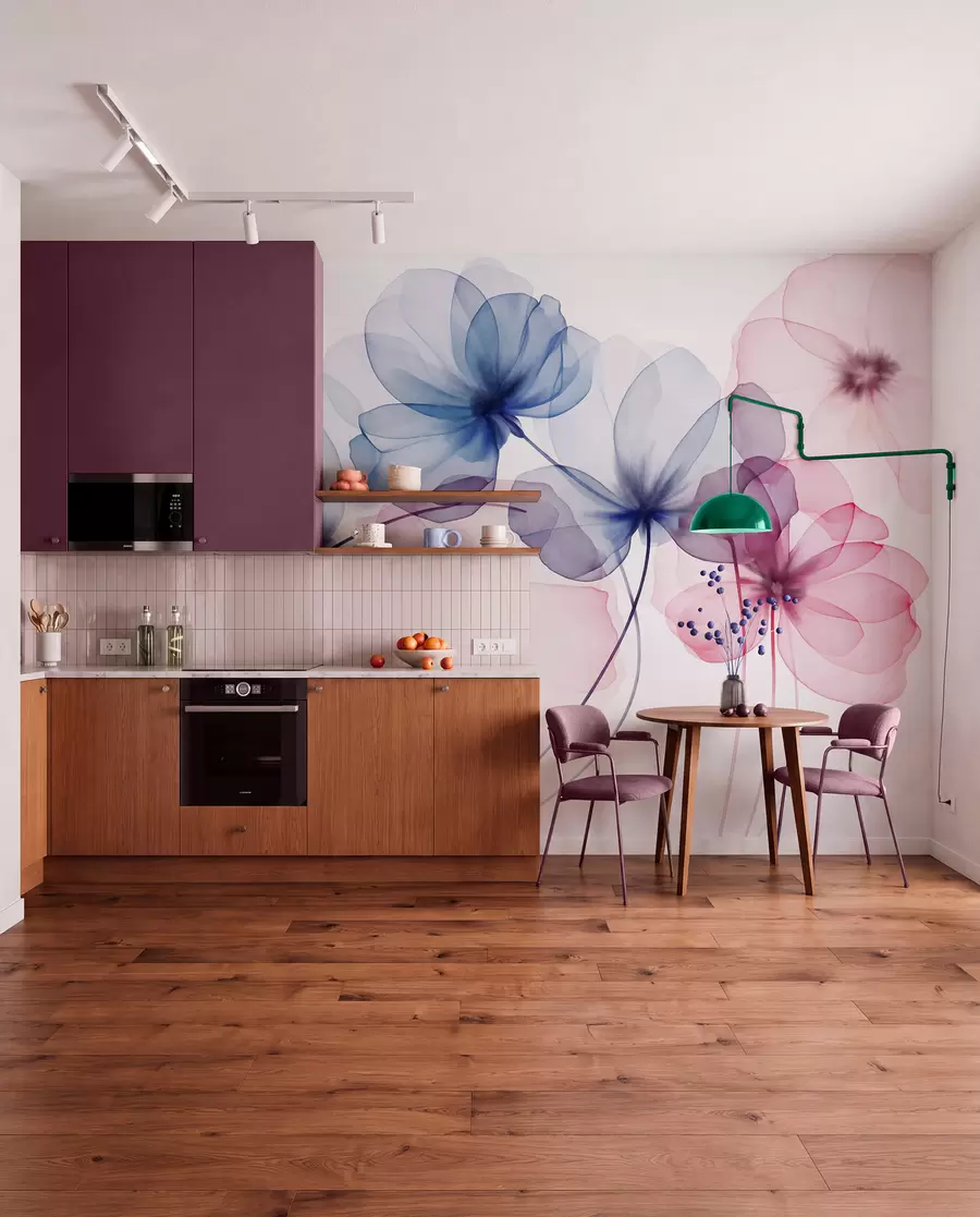 Wall Mural Photo Wallpaper Translucent textured blue and pink flowers on light background, delicate petals overlapping w09892