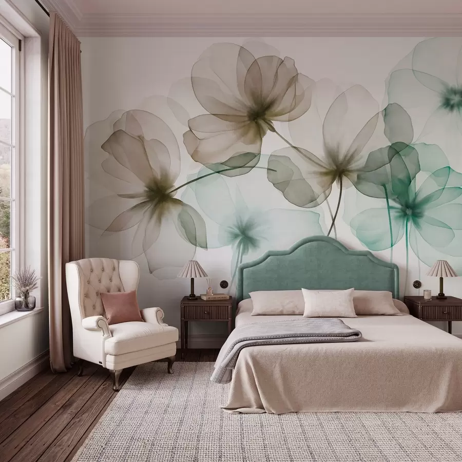 peintures murales Fleurs vertes et marron translucides et texturées sur fond clair, dont les pétales délicats se chevauchent w09892v1