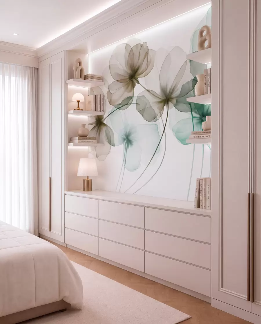 Wall Mural Photo Wallpaper Translucent textured green and brown flowers on light background, delicate petals overlapping w09892v1