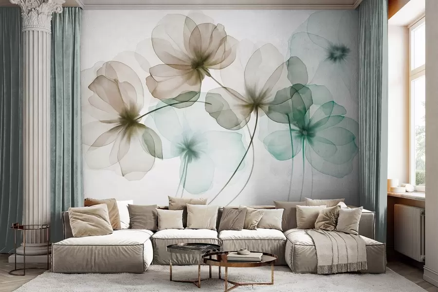 peintures murales Fleurs vertes et marron translucides et texturées sur fond clair, dont les pétales délicats se chevauchent w09892v1