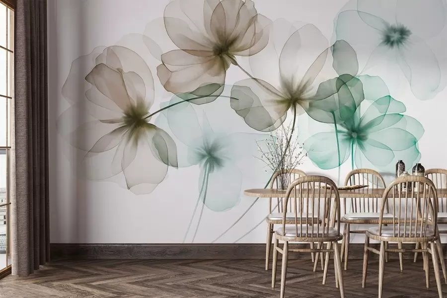 wall murals Translucent textured green and brown flowers on light background, delicate petals overlapping w09892v1