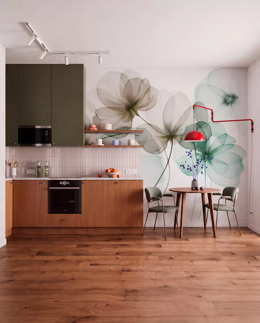 Wall Mural Photo Wallpaper Translucent textured green and brown flowers on light background, delicate petals overlapping w09892v1