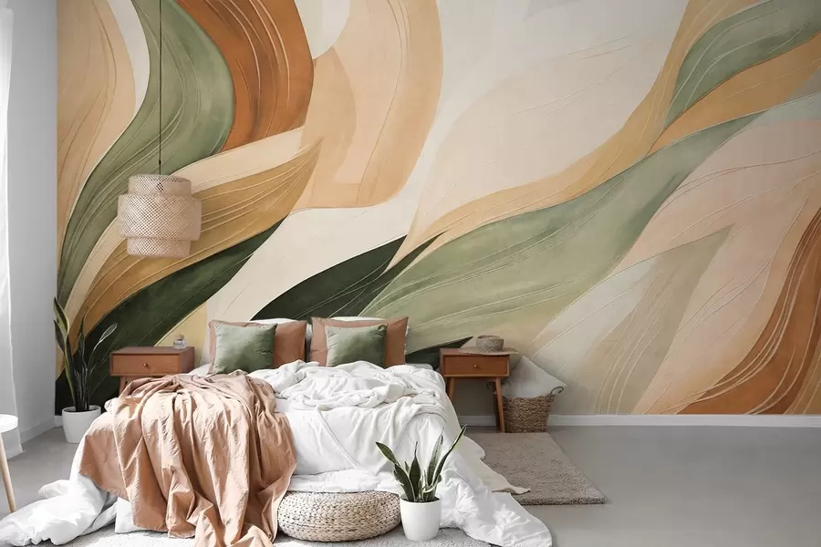 peintures murales Des formes organiques abstraites dans des tons terreux de vert, marron et beige, aux textures fluides w09894