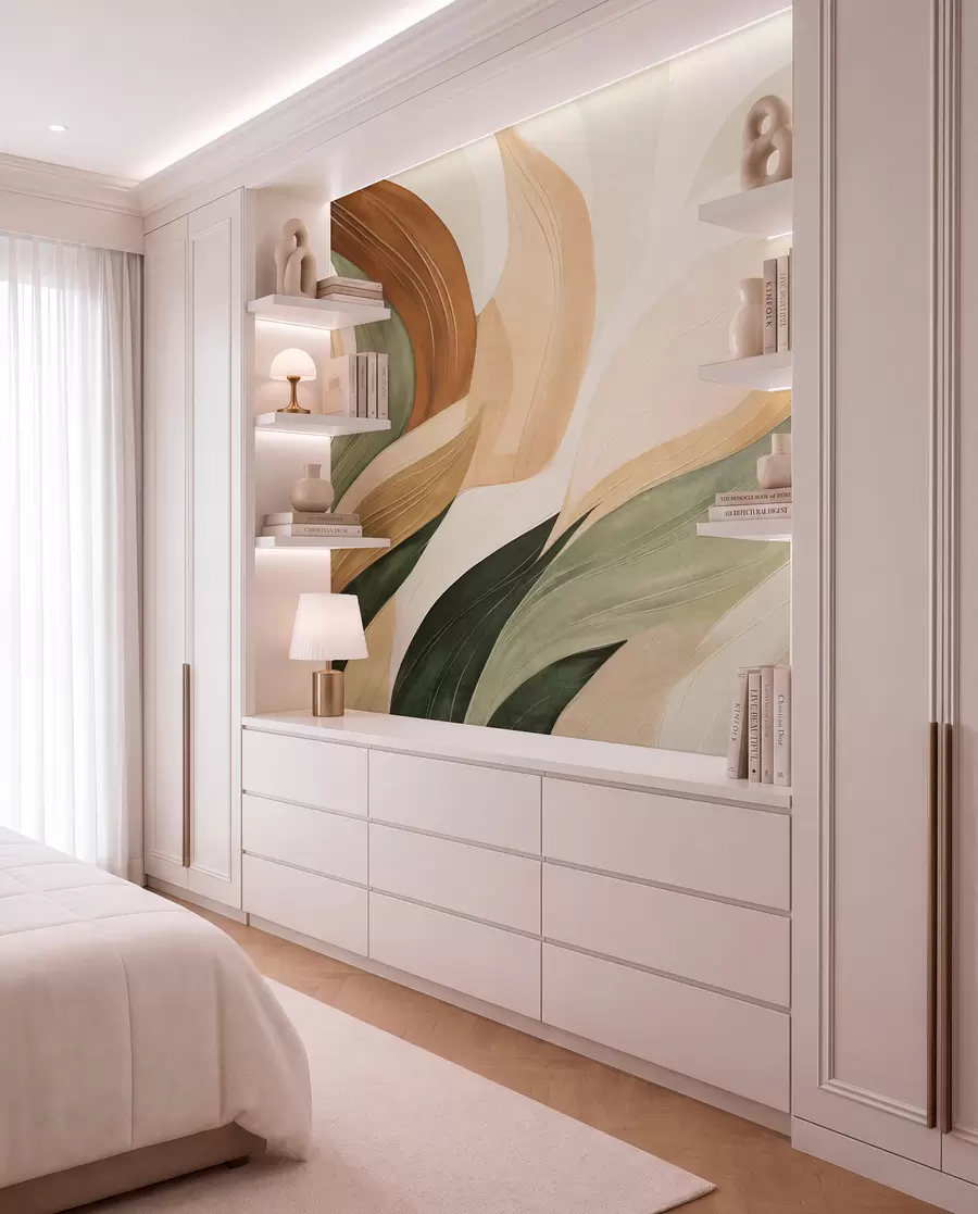 Wall Mural Photo Wallpaper Abstract organic shapes in earthy tones of green, brown, and beige with flowing textures w09894