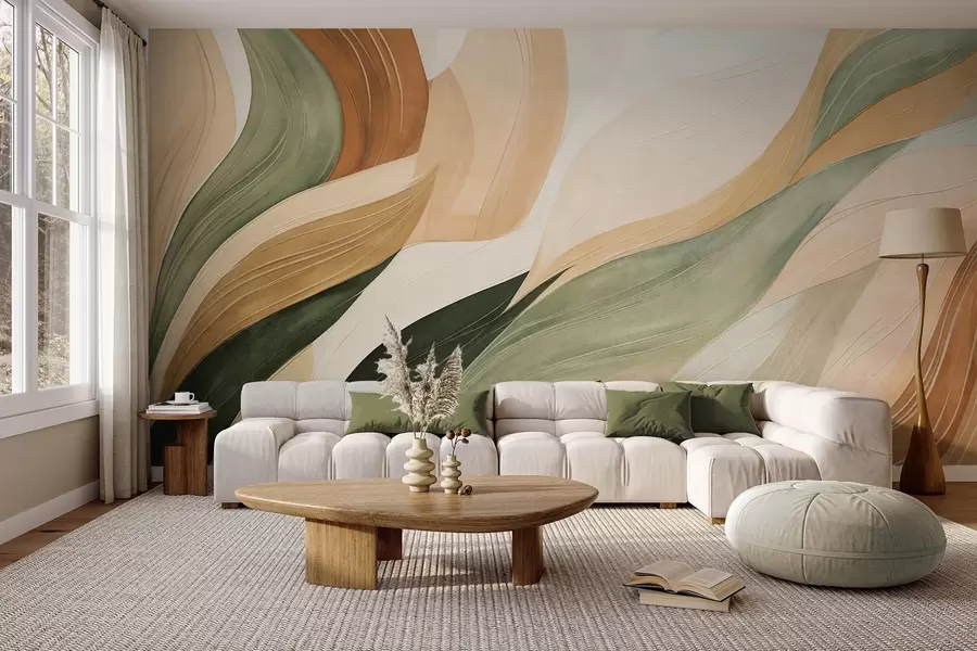 Wall Mural Photo Wallpaper Abstract organic shapes in earthy tones of green, brown, and beige with flowing textures w09894
