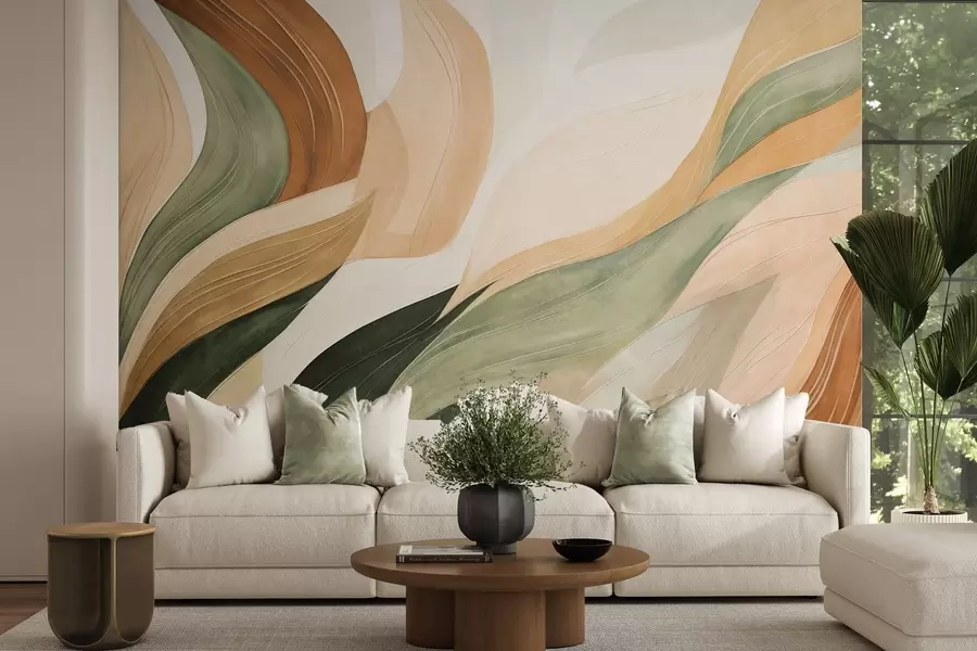 peintures murales Des formes organiques abstraites dans des tons terreux de vert, marron et beige, aux textures fluides w09894