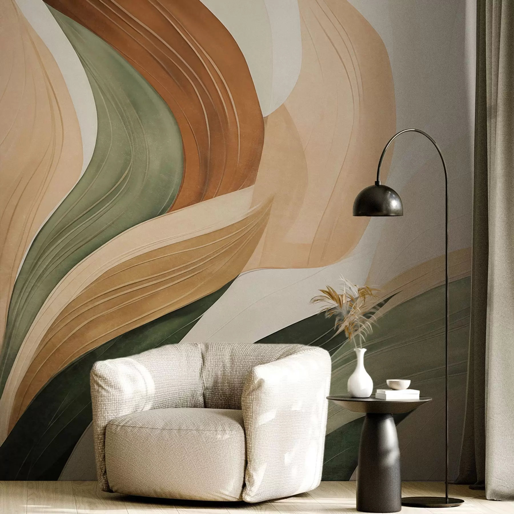 Wall Mural Photo Wallpaper Abstract organic shapes in earthy tones of green, brown, and beige with flowing textures w09894