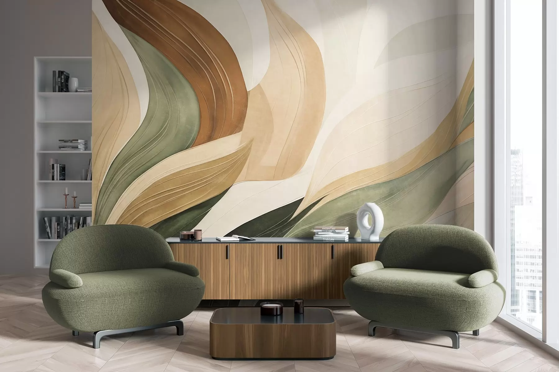 Wall Mural Photo Wallpaper Abstract organic shapes in earthy tones of green, brown, and beige with flowing textures w09894