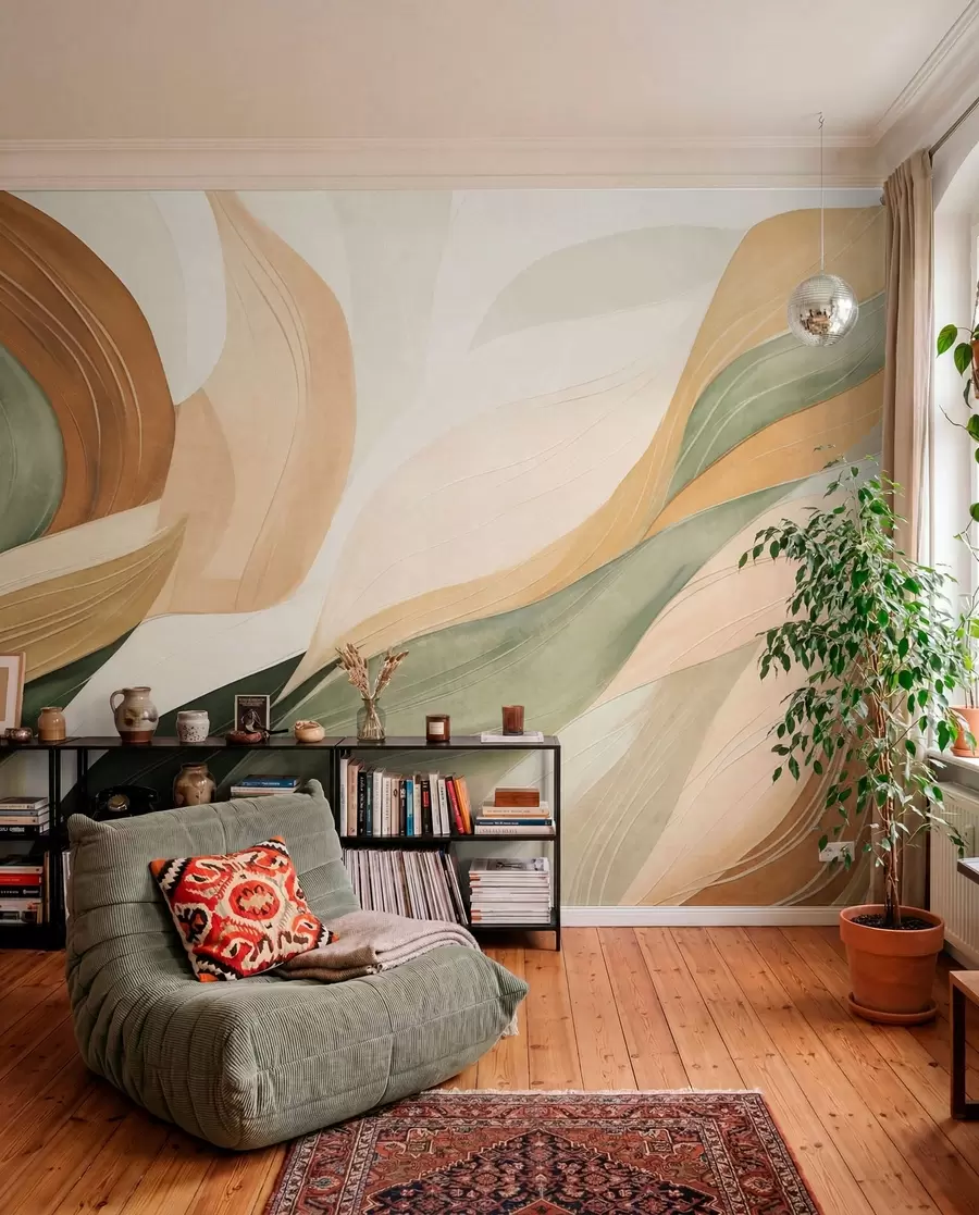 Wall Mural Photo Wallpaper Abstract organic shapes in earthy tones of green, brown, and beige with flowing textures w09894