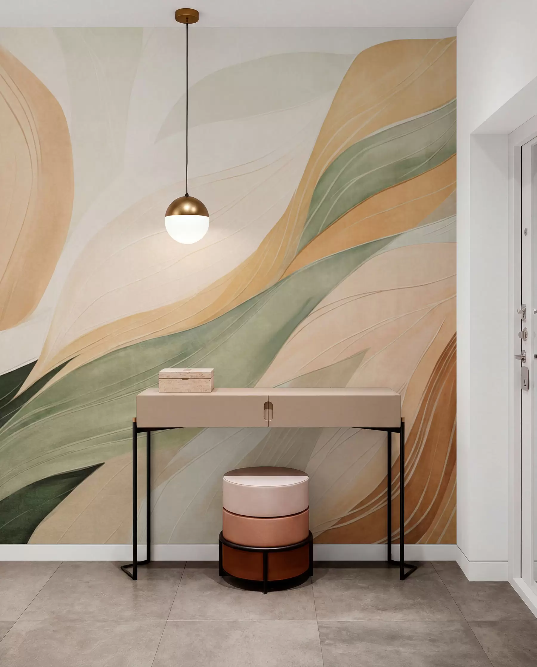 murales Formas orgánicas abstractas en tonos tierra —verde, marrón y beige— con texturas fluidas w09894