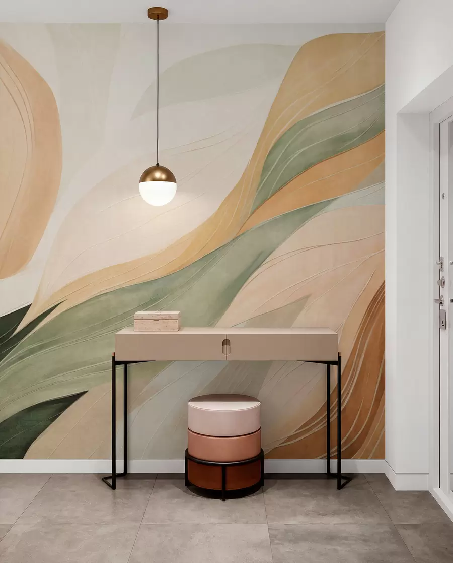 peintures murales Des formes organiques abstraites dans des tons terreux de vert, marron et beige, aux textures fluides w09894
