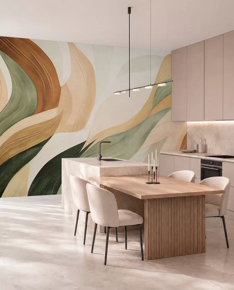 wall murals Abstract organic shapes in earthy tones of green, brown, and beige with flowing textures w09894