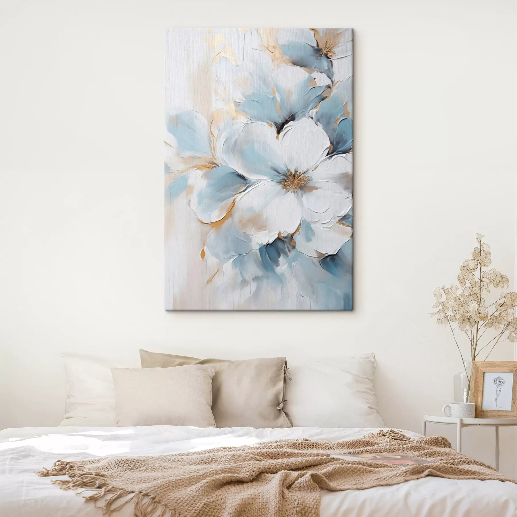 wall murals White and light blue flowers, textured brushstrokes painting style s49462