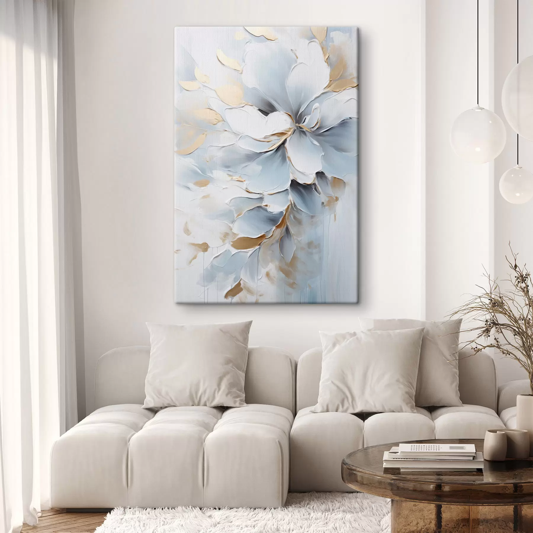 wall murals White and light blue flowers, textured brushstrokes painting style s49463