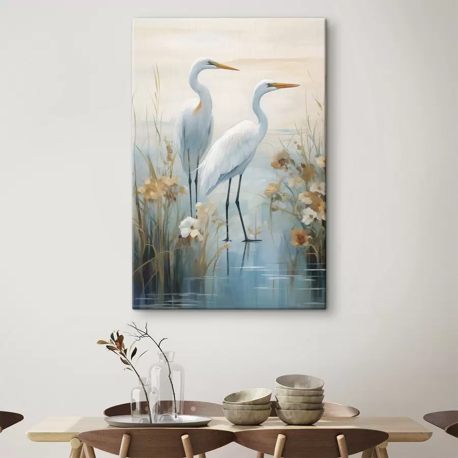 wall murals White egrets in shallow water with a soft, hazy background, landscape art s49466