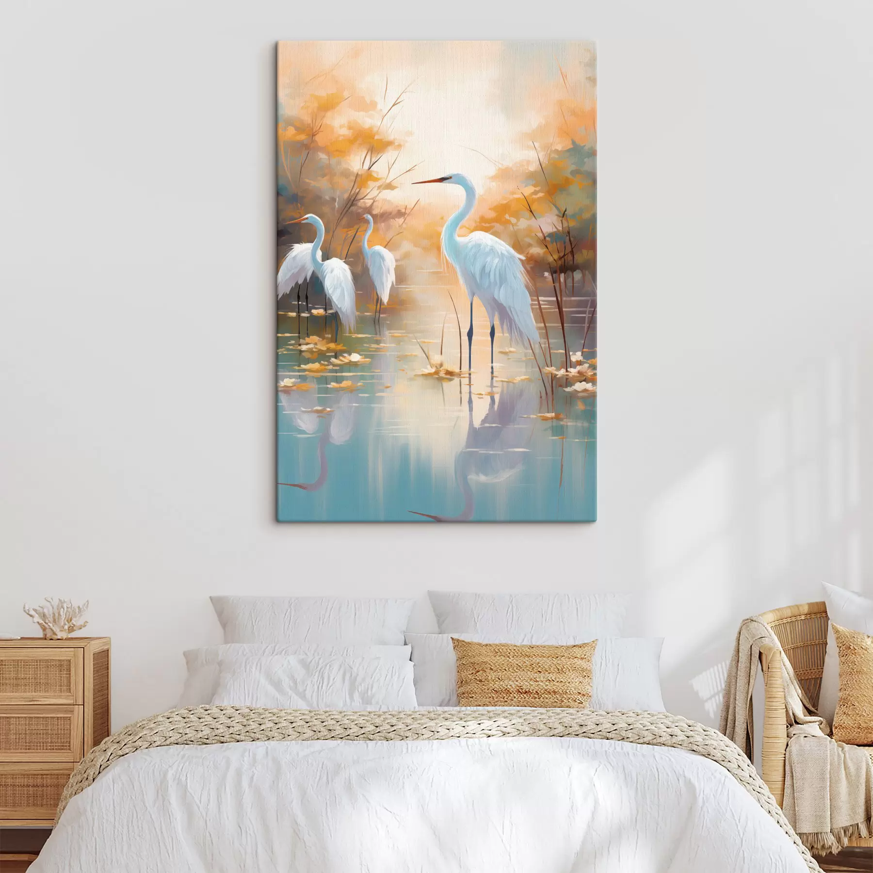 wall murals White egrets in shallow water with a soft, hazy background, landscape art s49467