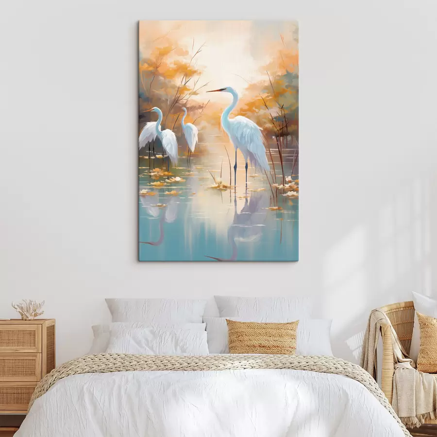 wall murals White egrets in shallow water with a soft, hazy background, landscape art s49467
