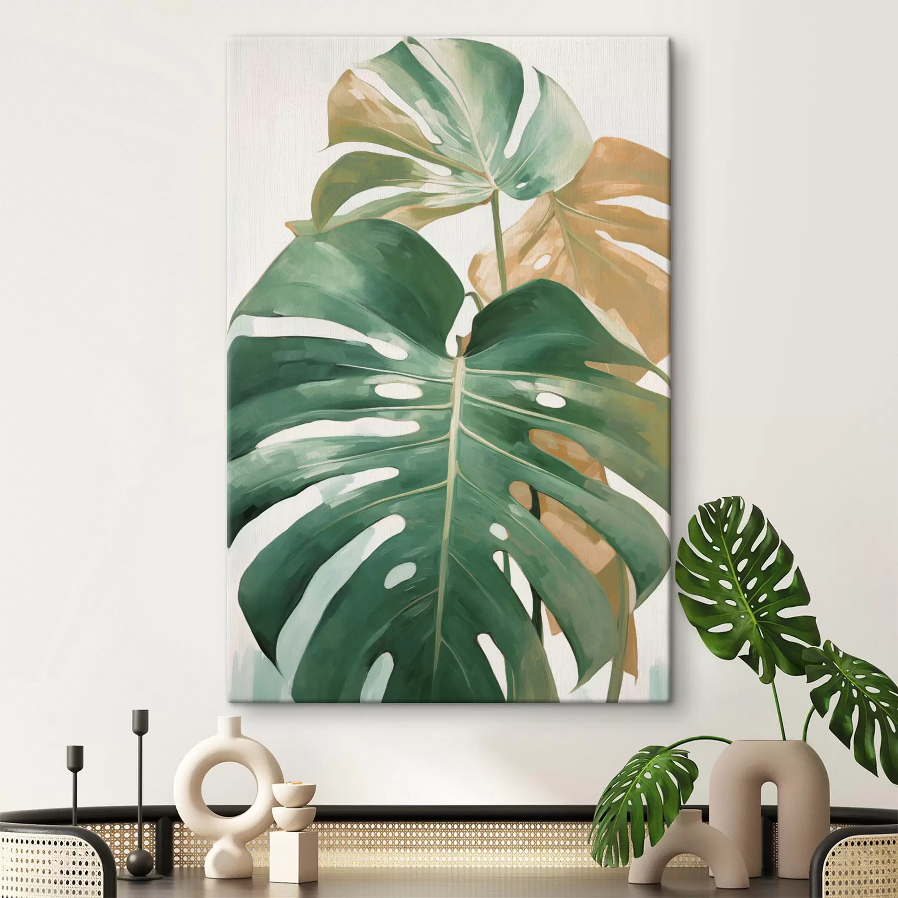 wall murals Large monstera leaves, minimalistic textured art s49469
