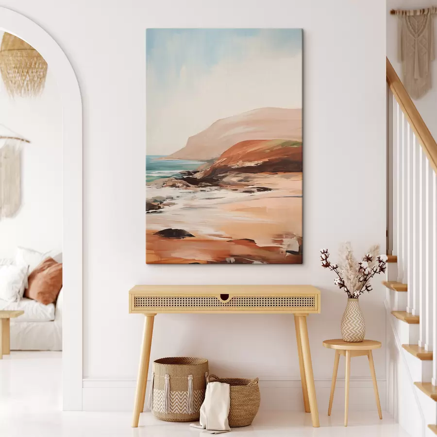 wall murals Landscape with cliffs and waves crashing on a sandy beach, with a calm sea s49477