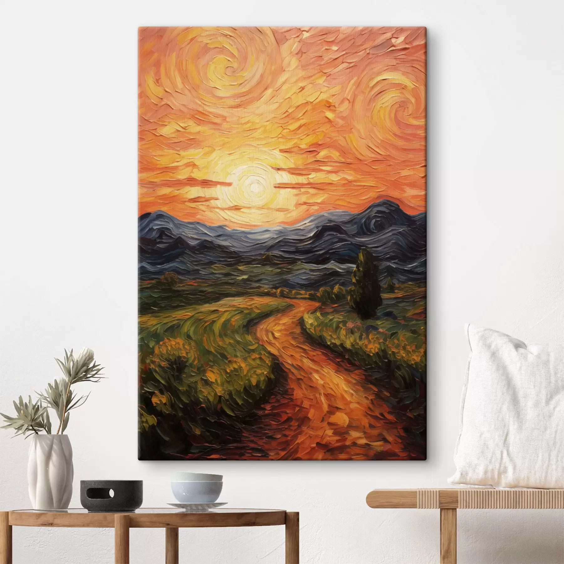 murales Paisaje vibrante, cielo naranja y amarillo con un sol, ilustración estilizada con textura s49478