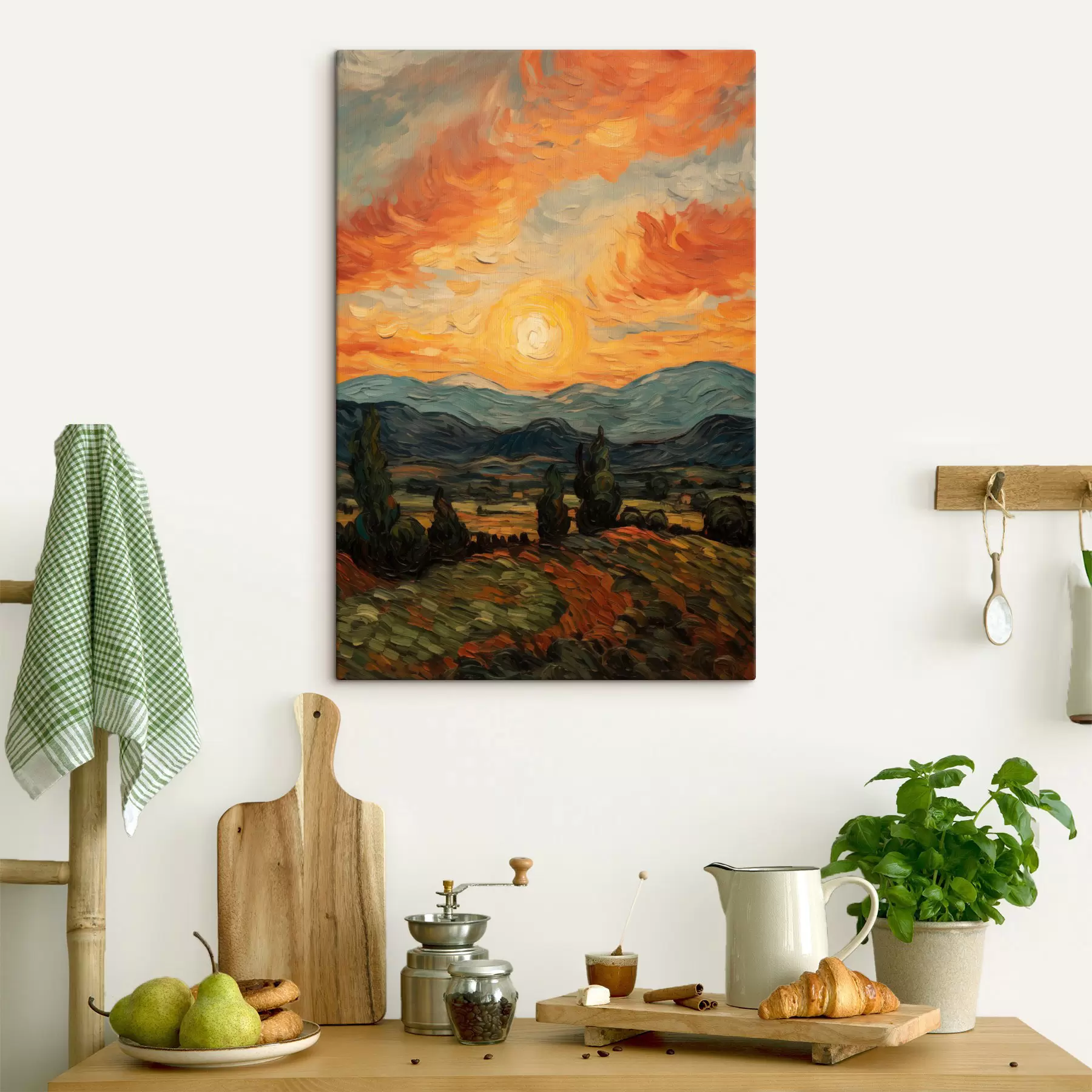 wall murals Vibrant landscape, orange and yellow sky with a sun, stylized textured art s49479