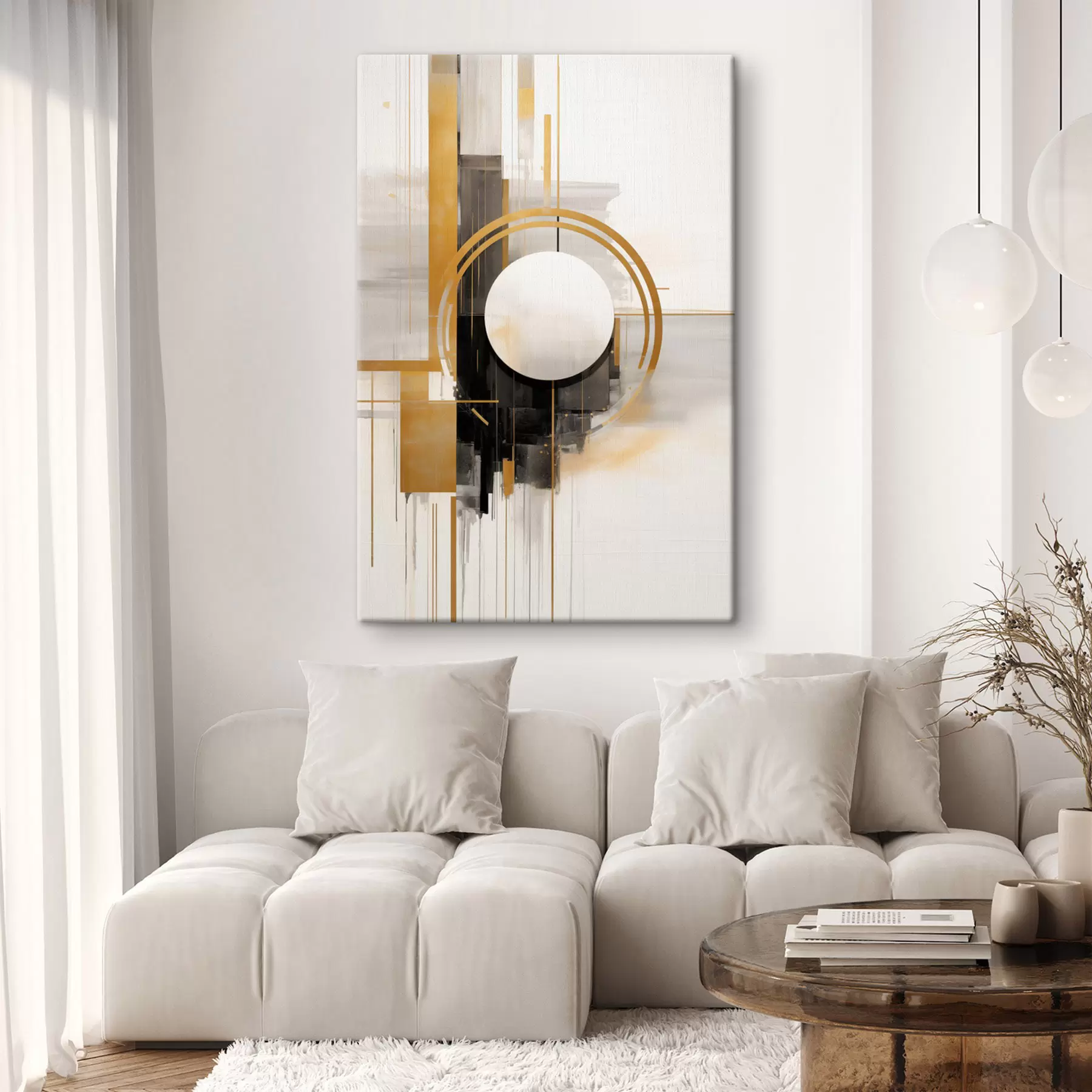 wall murals Abstract geometric shapes and circles with yellow accents, textured art s49480