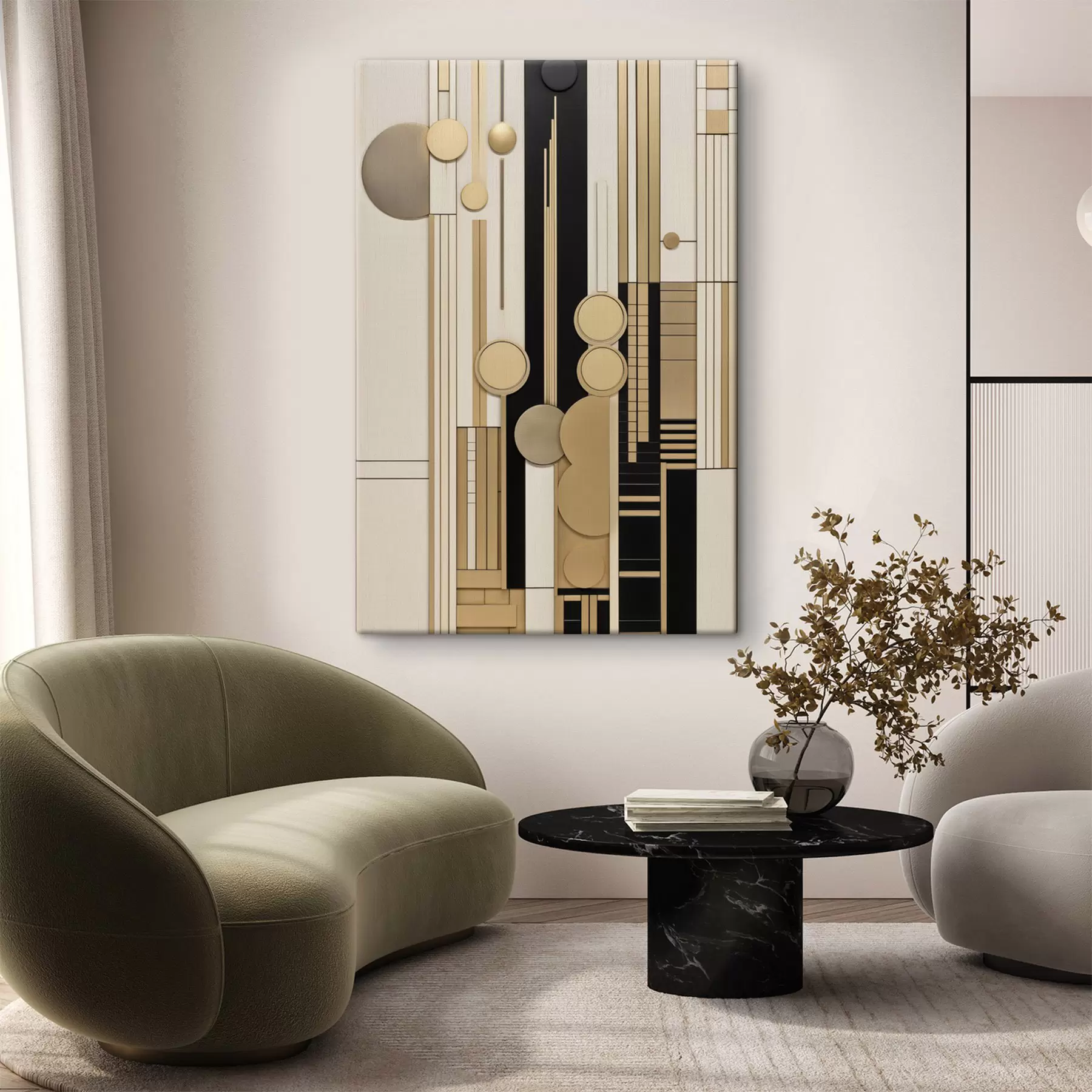 wall murals An abstract geometric composition with circles, rectangles and vertical lines s49483