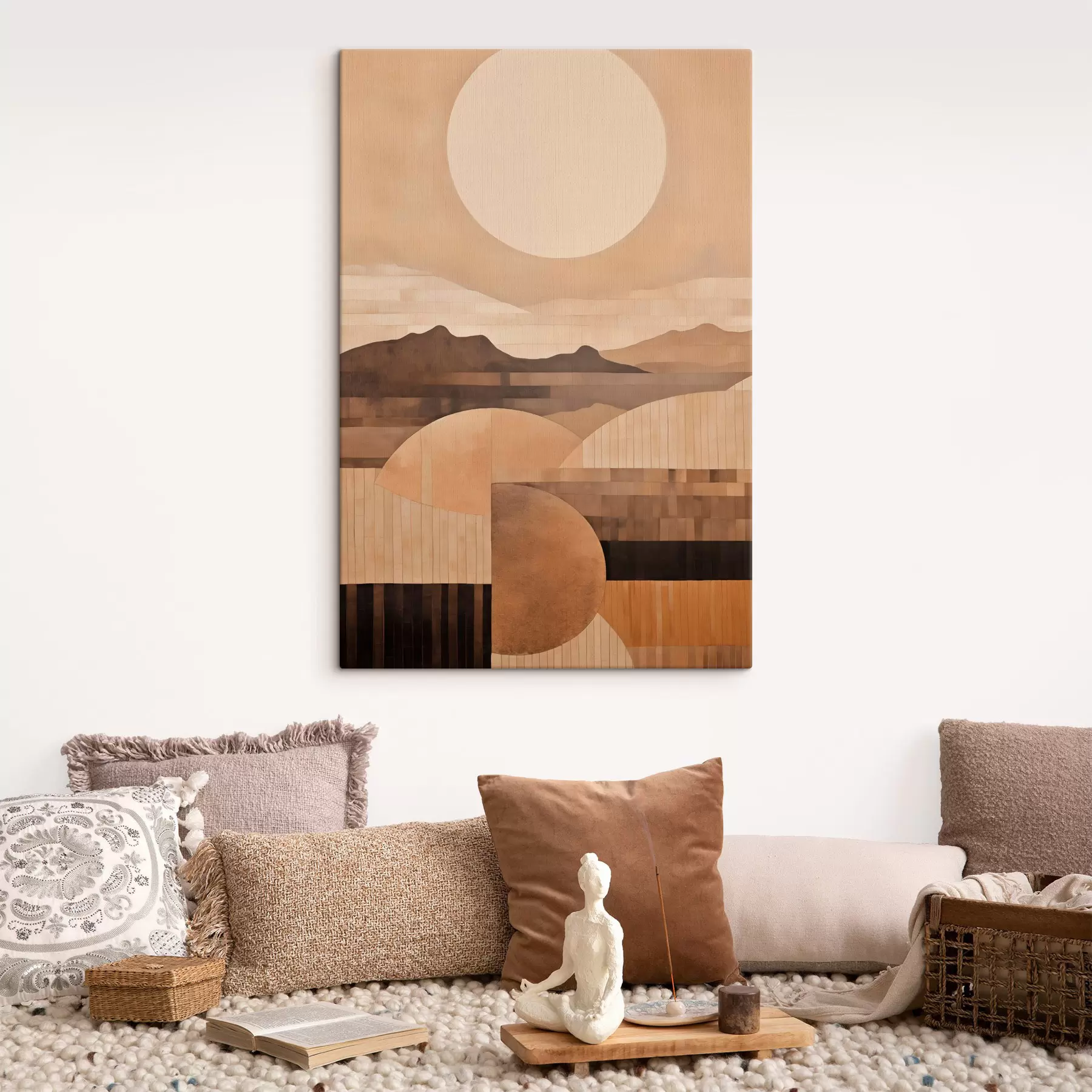 murales Un paisaje minimalista con formas geométricas y montañas en tonos sepia s49484
