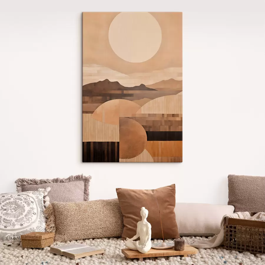 wall murals A minimalist landscape with geometric shapes, mountains in sepia tones s49484
