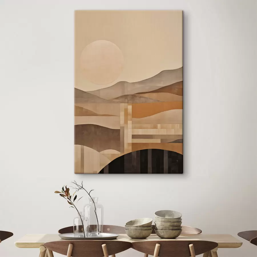 wall murals A minimalist landscape with geometric shapes, mountains in sepia tones s49485