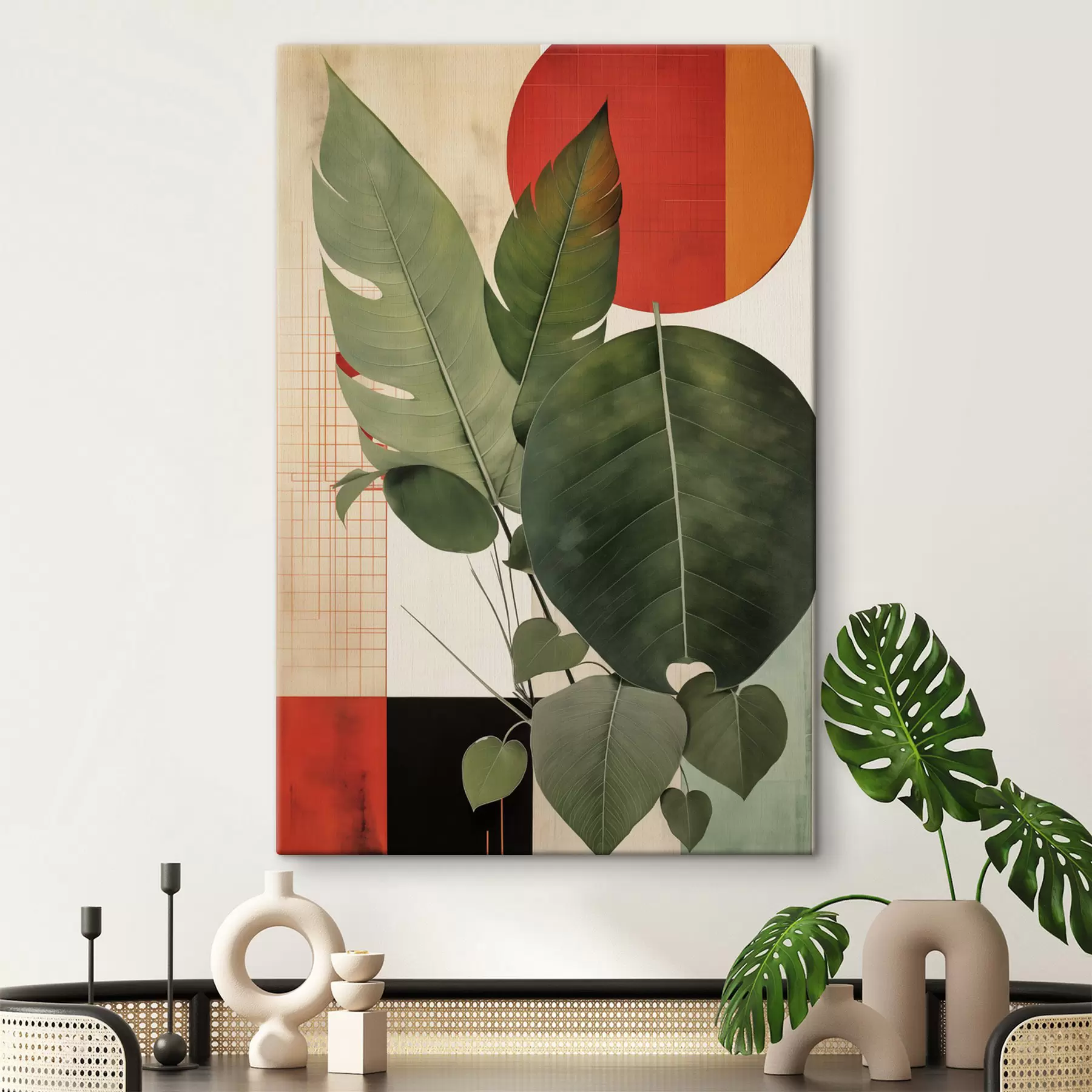 wall murals Large leaves with a geometric background, abstract modern art style s49490