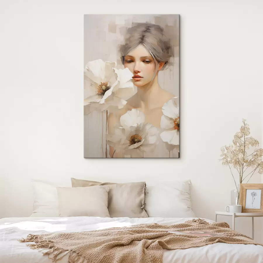 wall murals Woman portrait with large white flowers, against a light abstract background s49494
