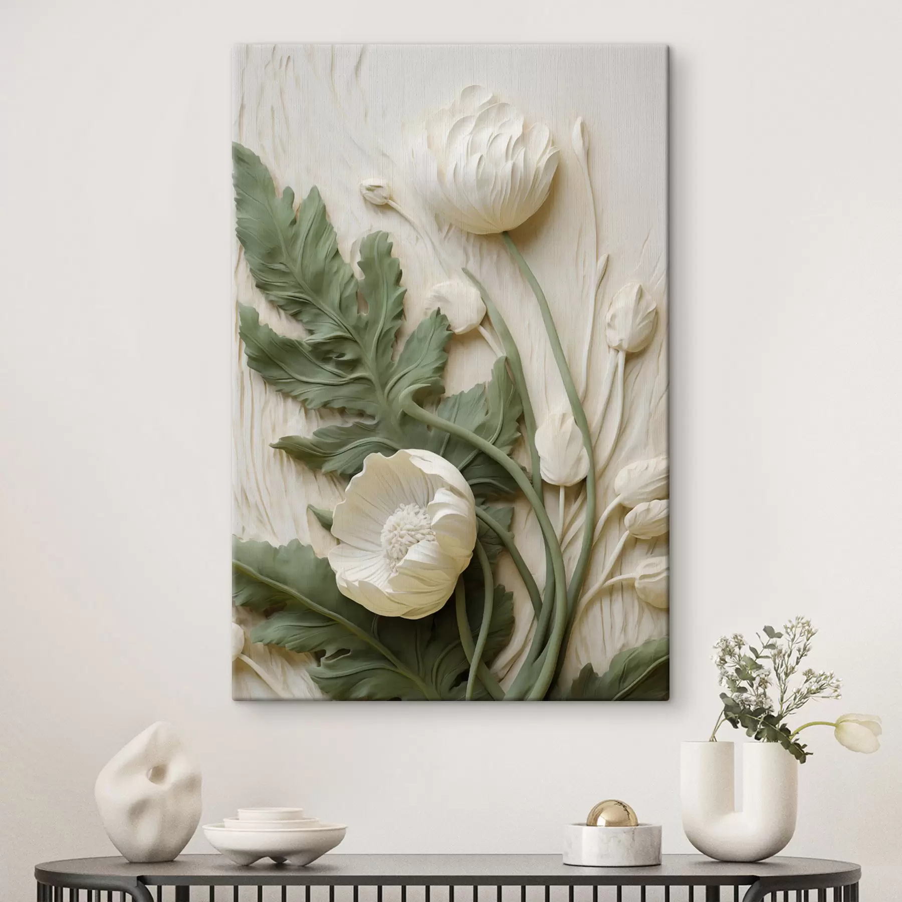 wall murals White poppies and green leaves on a textured background with foliage s49496