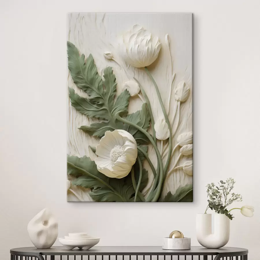 wall murals White poppies and green leaves on a textured background with foliage s49496