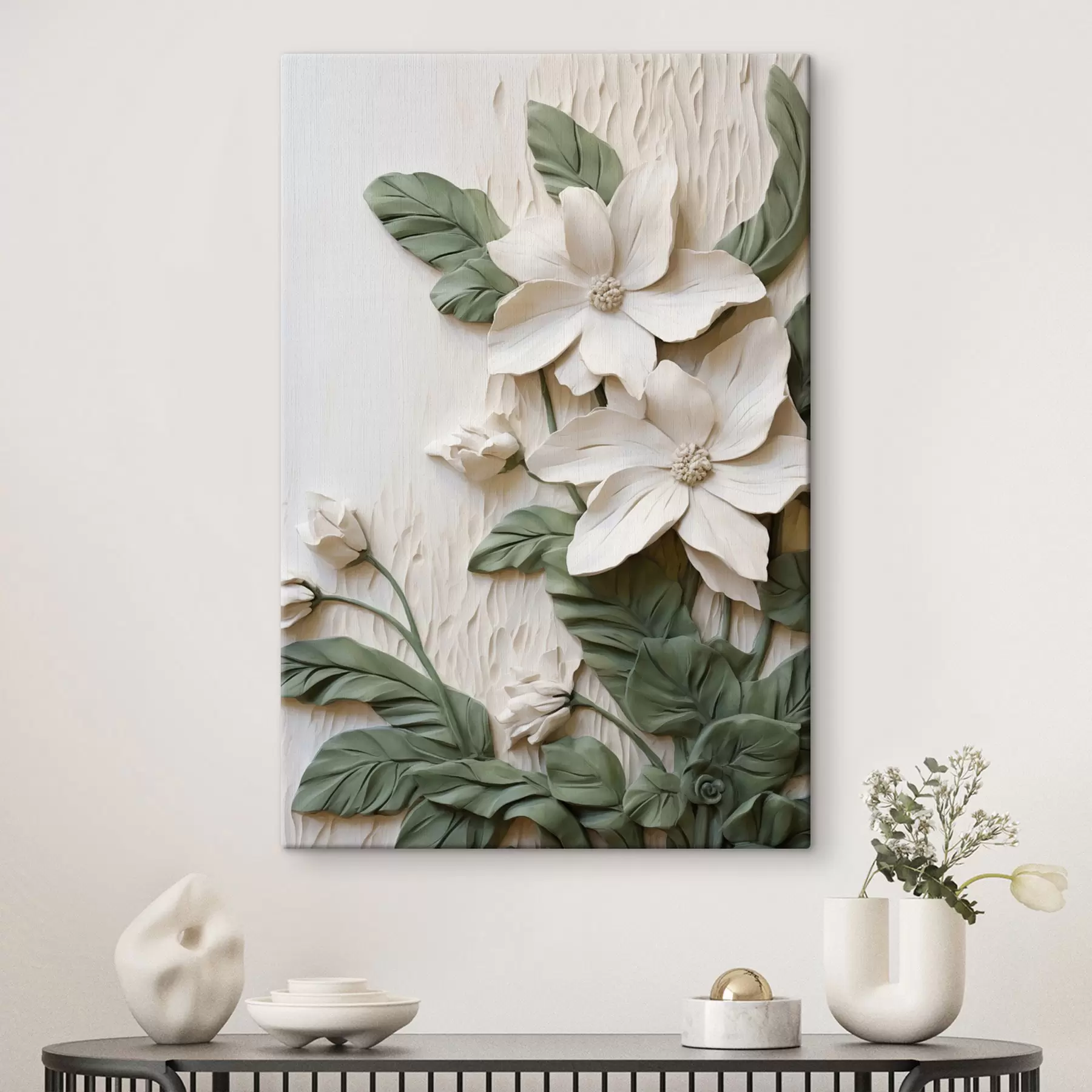 wall murals White flowers and green leaves on a textured background with foliage s49497