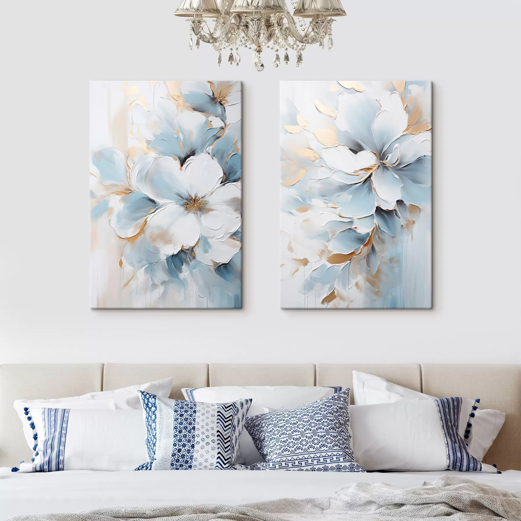murales Flores blancas y azul claro, estilo pictórico con pinceladas texturizadas m30567