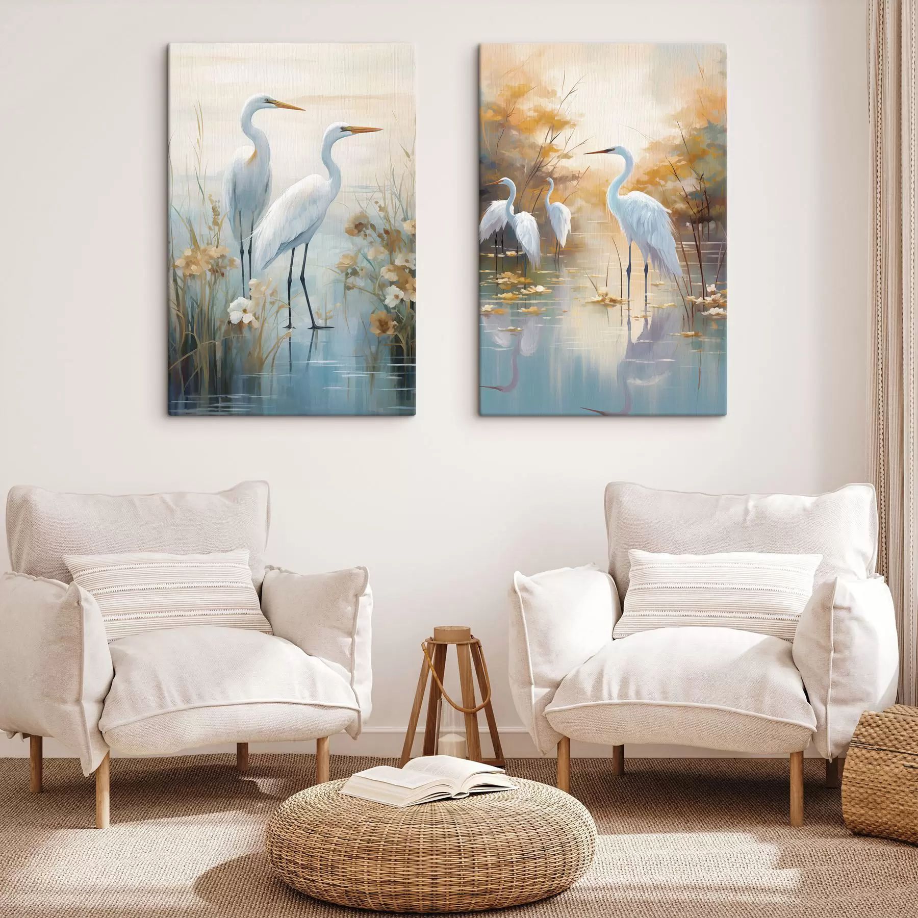 wall murals White egrets in shallow water with a soft, hazy background, landscape art m30569